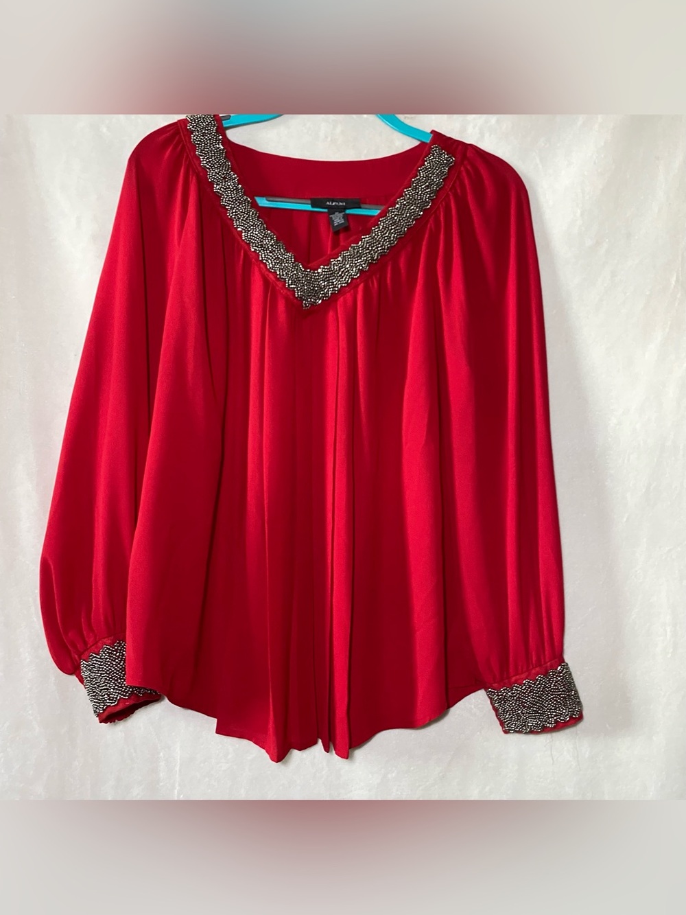 Alfani Red V-Neck Long-Sleeve Blouse with Beaded Trim